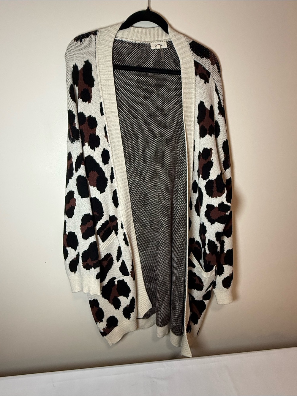 Open-Front Oversized Leopard Print Cardigan Sweater - Cream and Brown